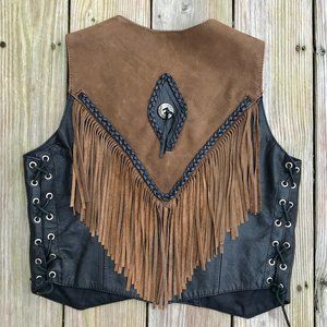 Leather & Fringe Yoke Lace-up Vest